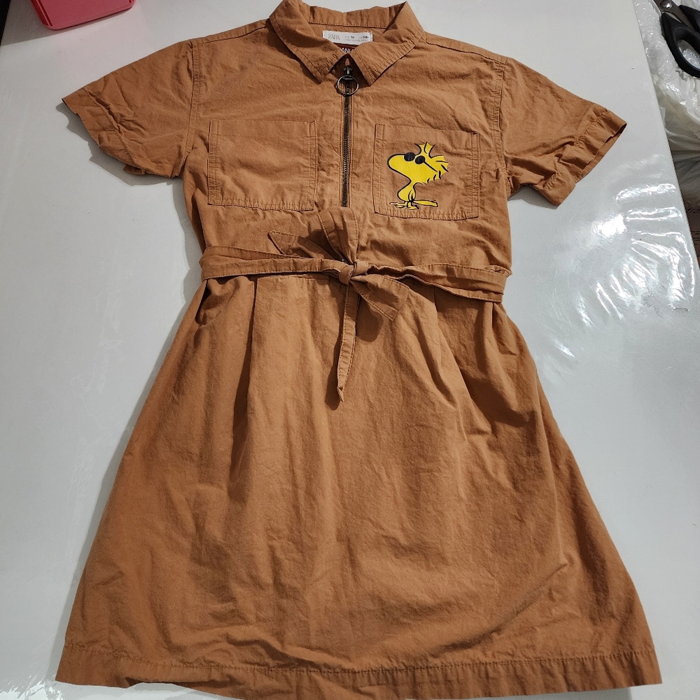 Zara Peanuts Snoopy & Woodstock Belted Tan Khaki Safari Dress Size 10